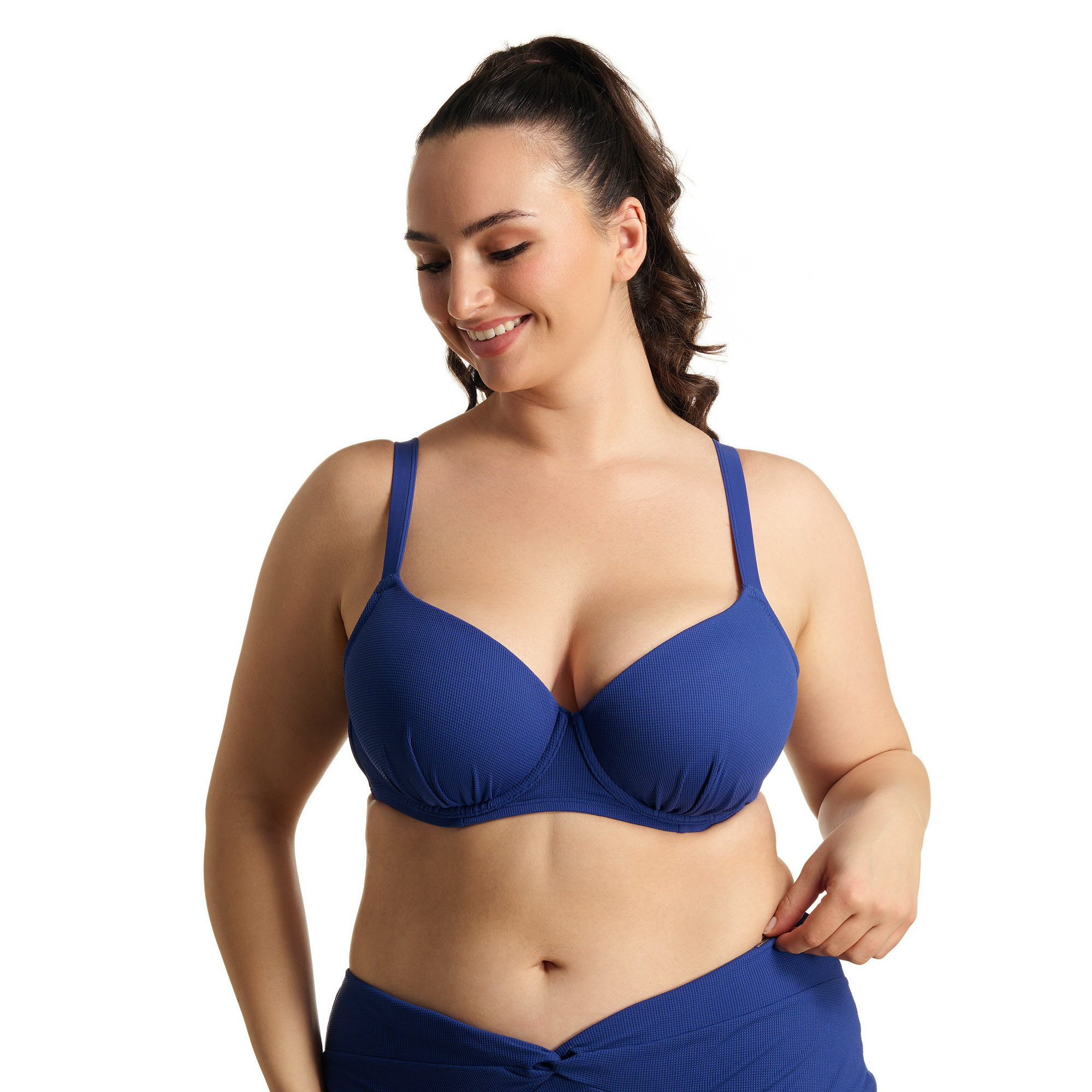 bikinioberteil, blaues bh, dekolleté betont, breite träger, plus size