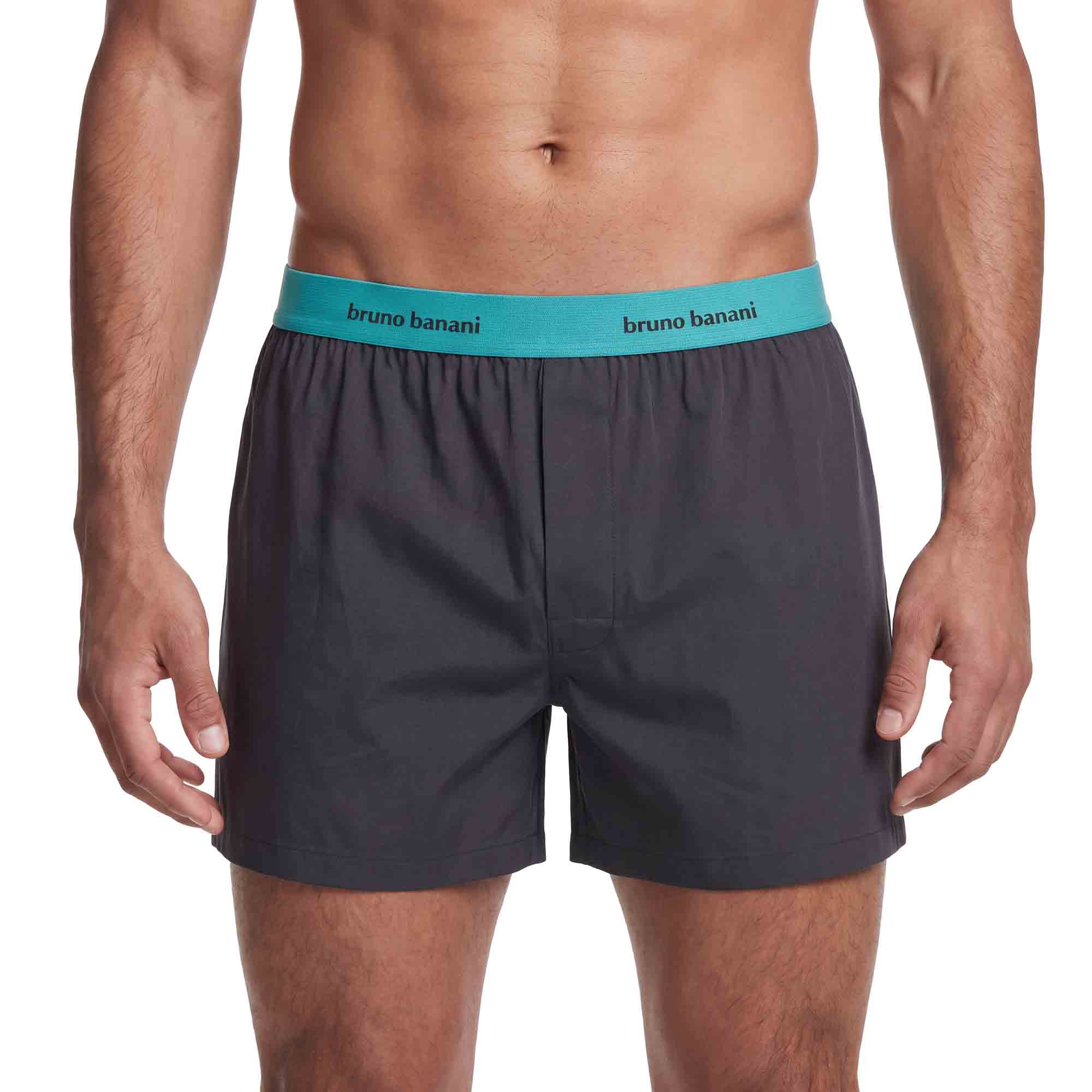 Herren-Boxershorts, Dunkelgrau, Türkiser Bund, Webstoff, Logo-Bund