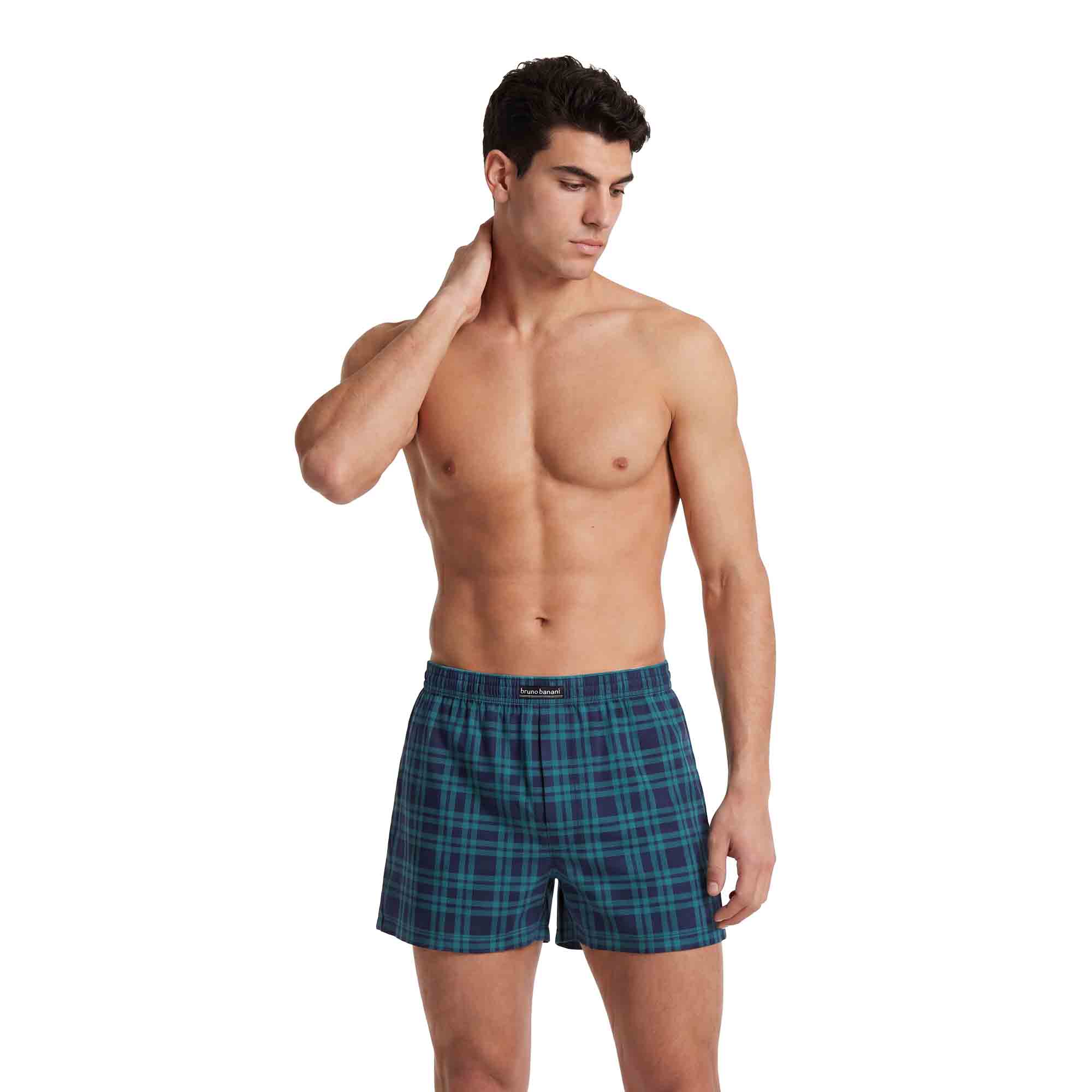 Herren-Boxershorts, Webstoff, Kariert, Blaugrün, Elastischer Bund