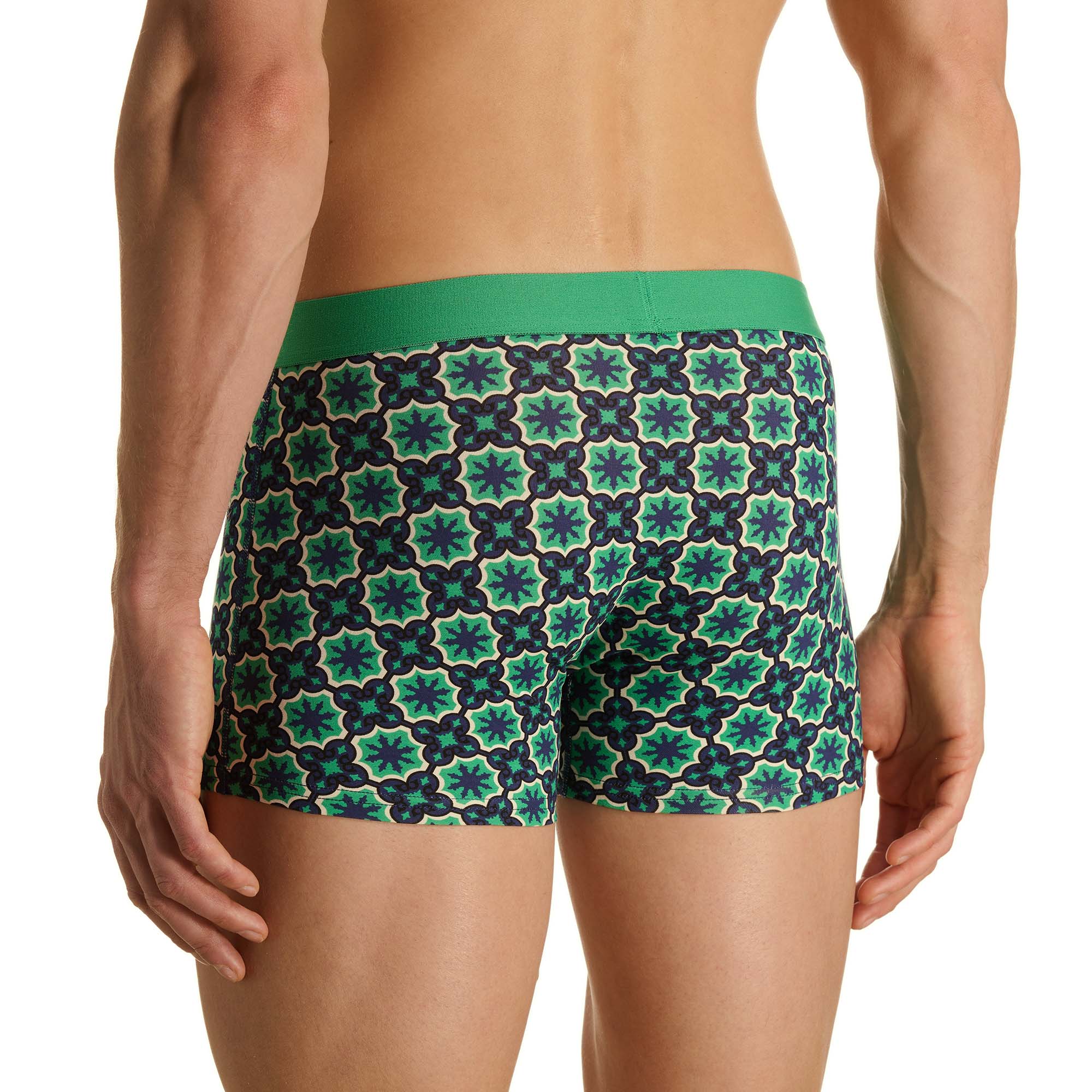 Boxershorts, gemustert, grüner Bund, geometrisches Muster, Herrenunterwäsche