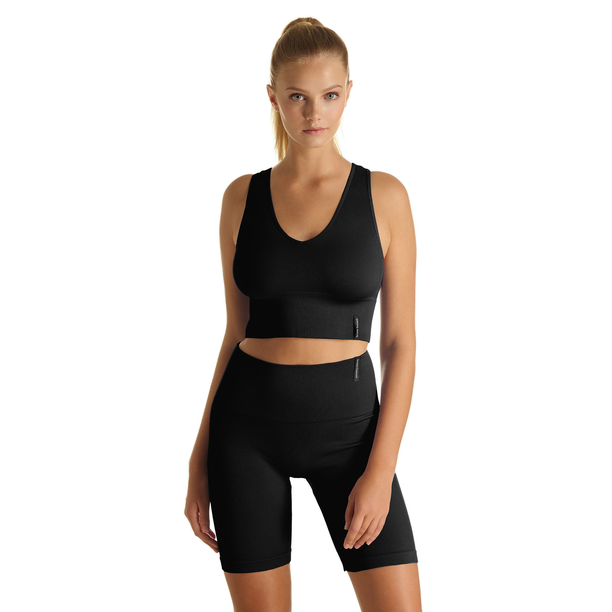Sport-BH, Biker-Shorts, Fitness-Set, Schwarz, Kleidung-Set