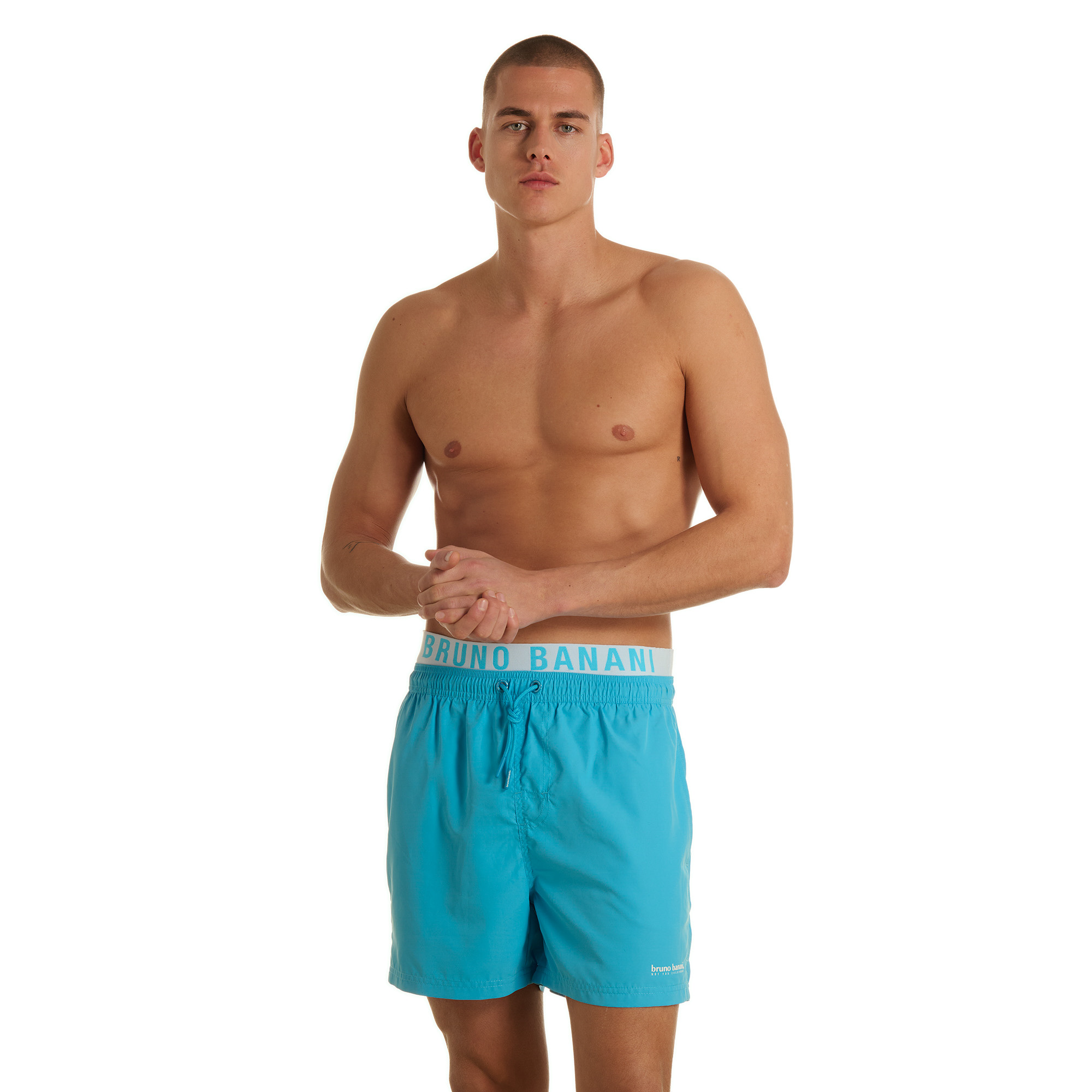 Schwimmbad-Shorts, Badeshorts, Volle Taille, Neonblau, Elastischer Taillengummi