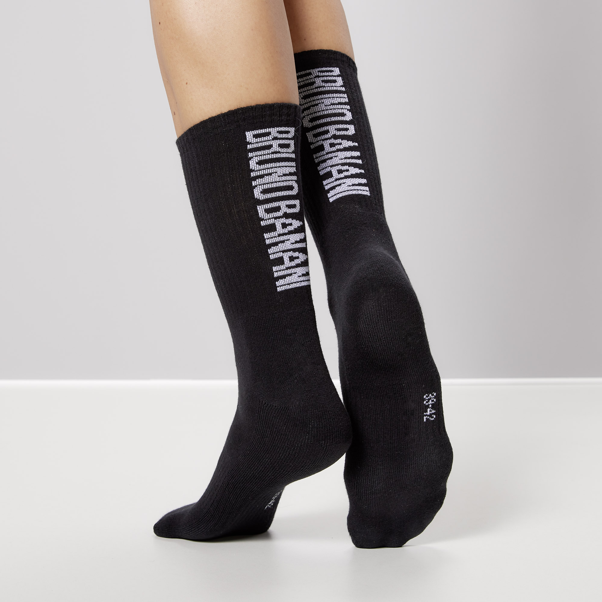 Socken, Kniehoch, Schwarz, Text-Aufdruck, Stretch