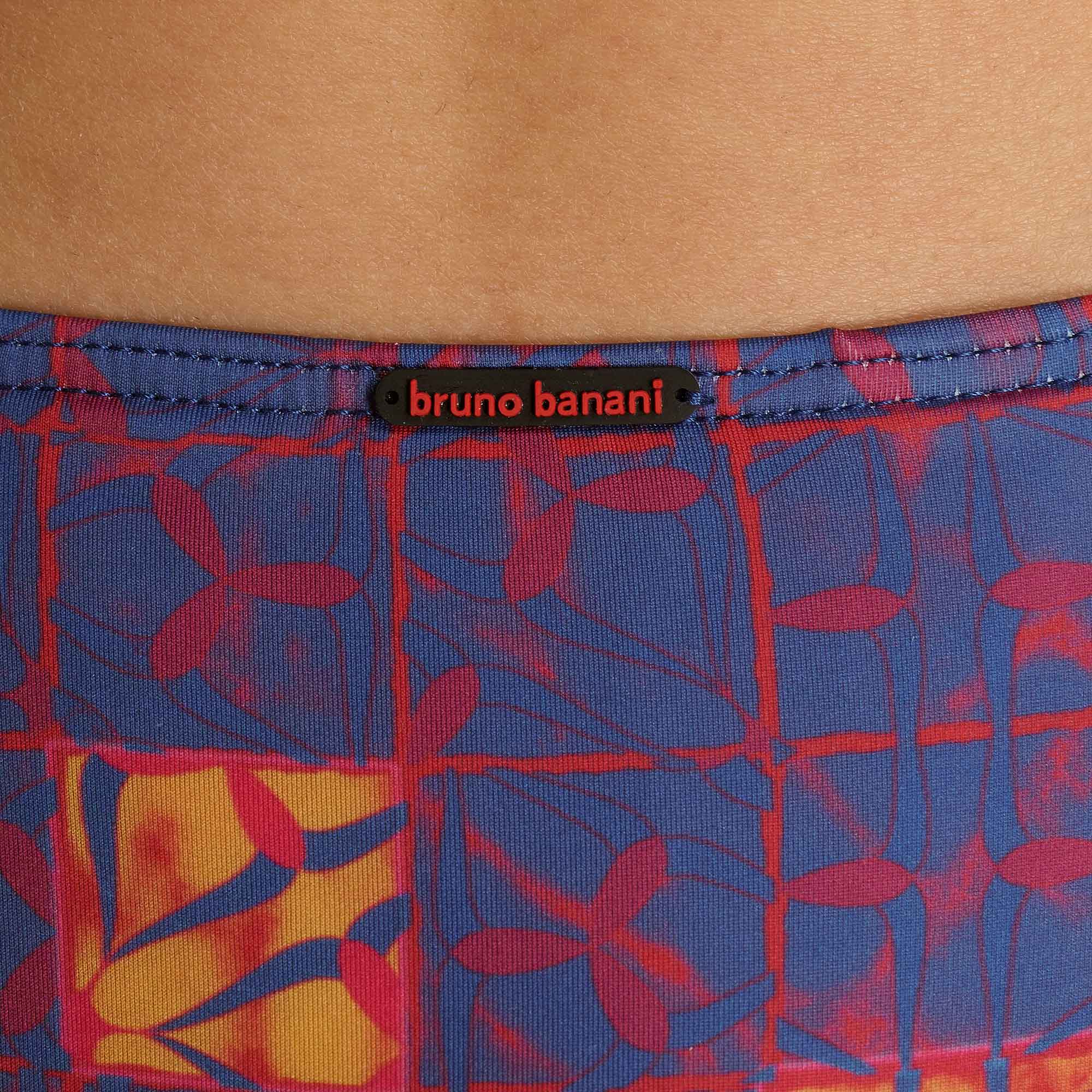 bikinioberteil, Bademode, gemustertes Gewebe, leuchtende Farben, Markenetikett sichtbar