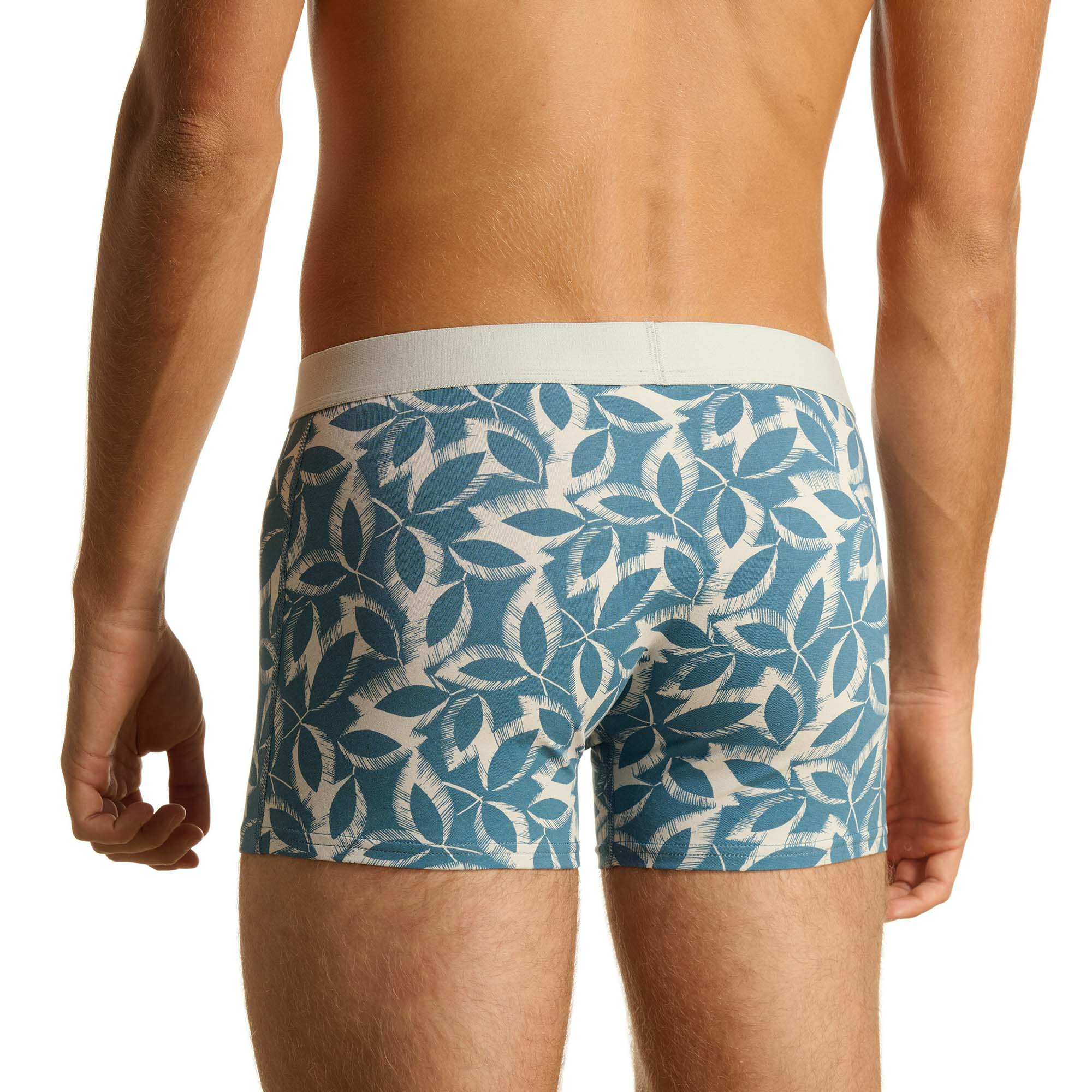 boxerhosen, druckmuster, blau, blattmuster, elastischer bund