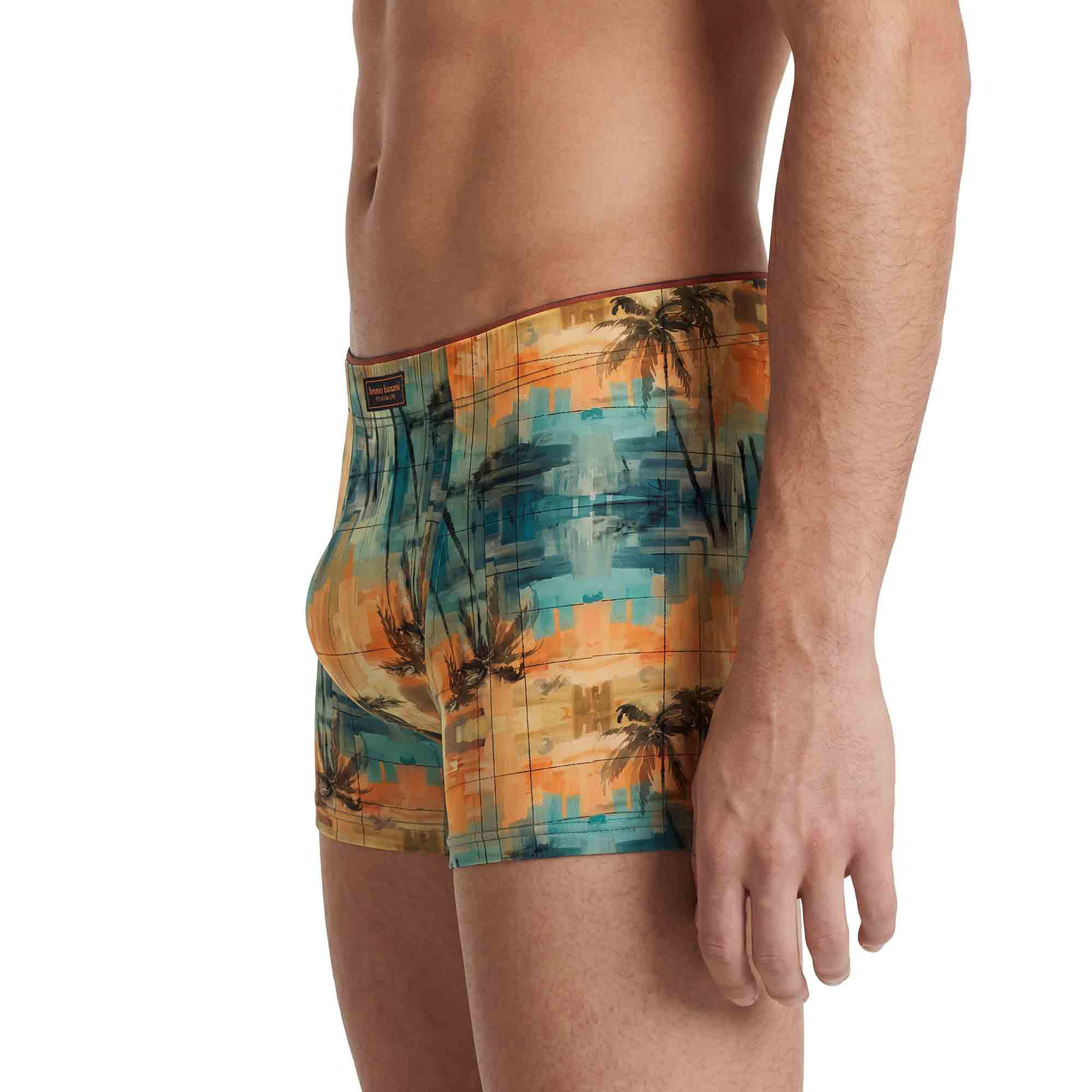 Herren-Boxershorts, Palmenmuster, Abstrakter Print, Türkis-Orange, Elastischer Bund
