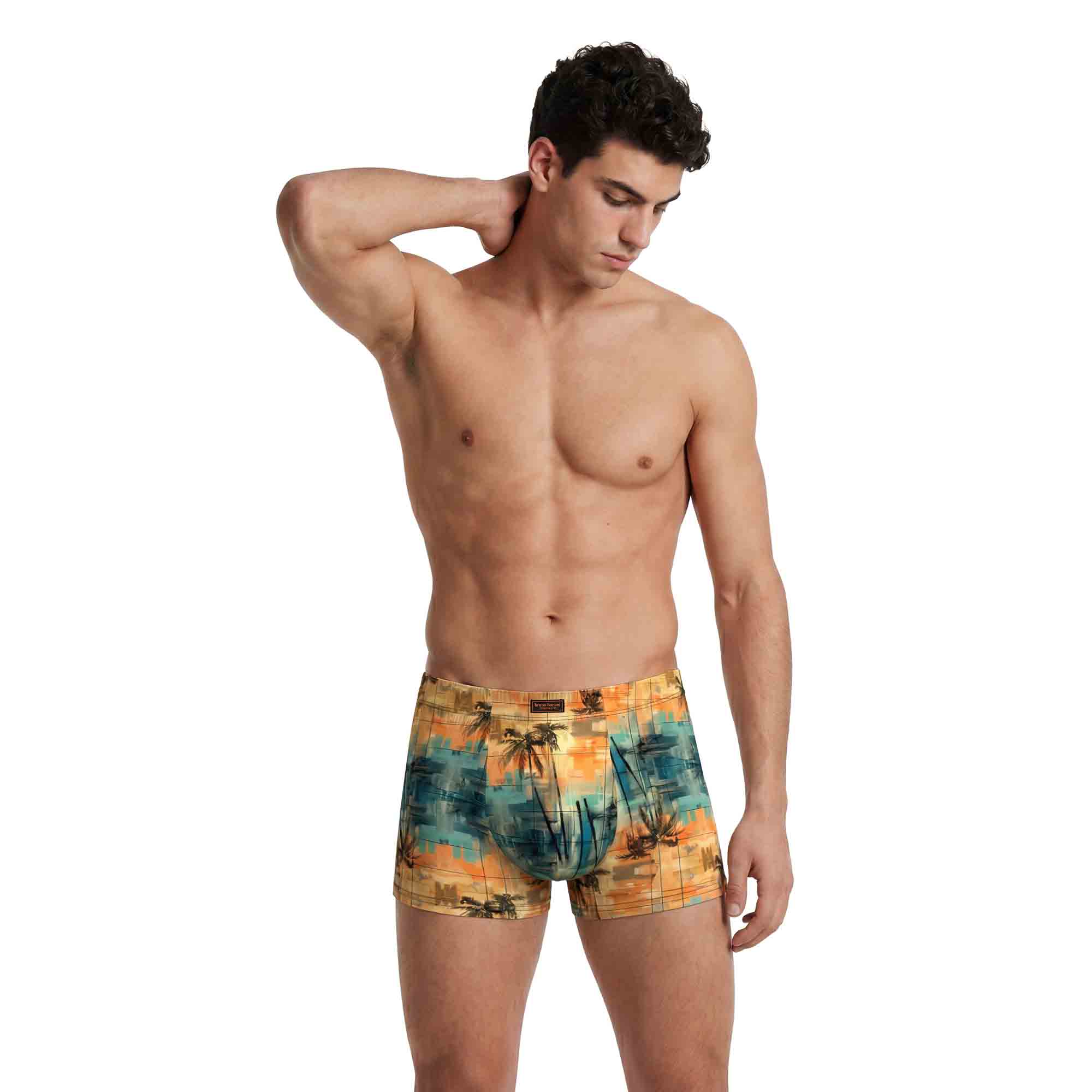 Herren-Boxershorts, Bunte Farben, Palmenmuster, Kurze Beinlänge