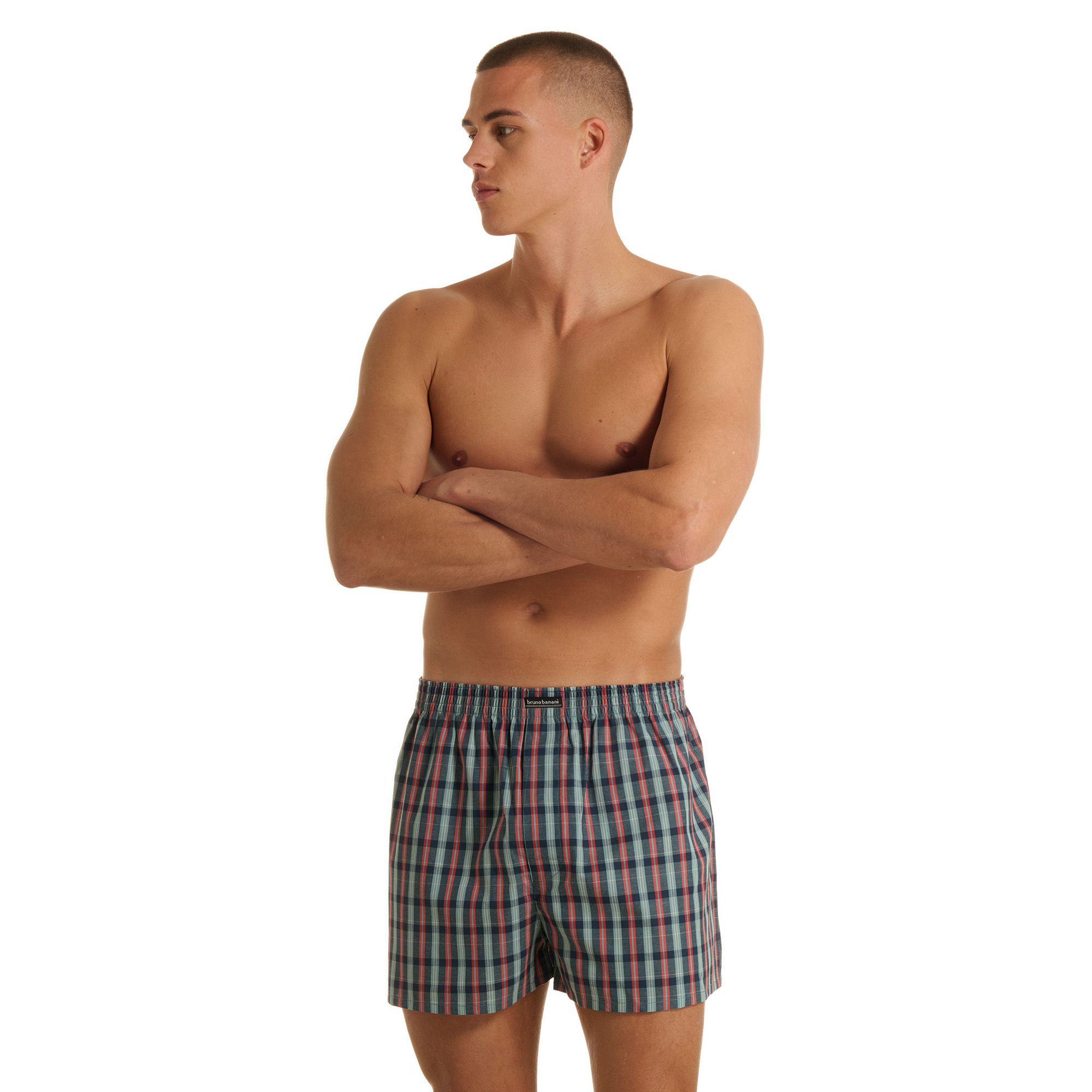 Männerunterhose, Badeshorts, Blaue Grid-Shorts, Karomuster, Elastischer Bund