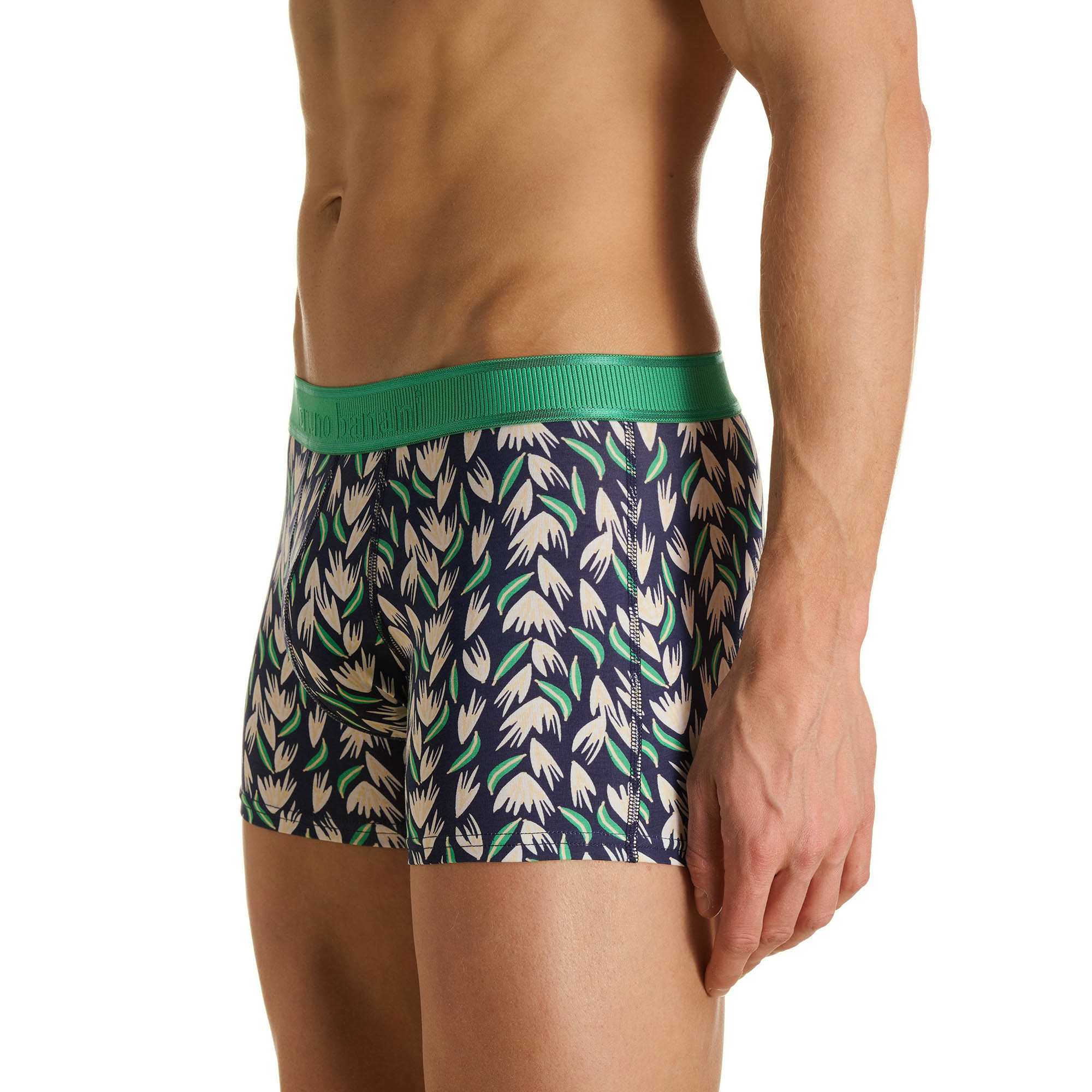 Boxershorts, Gemustertes Unterwäsche, Blättermuster, Grüner Bund, Kurze Länge