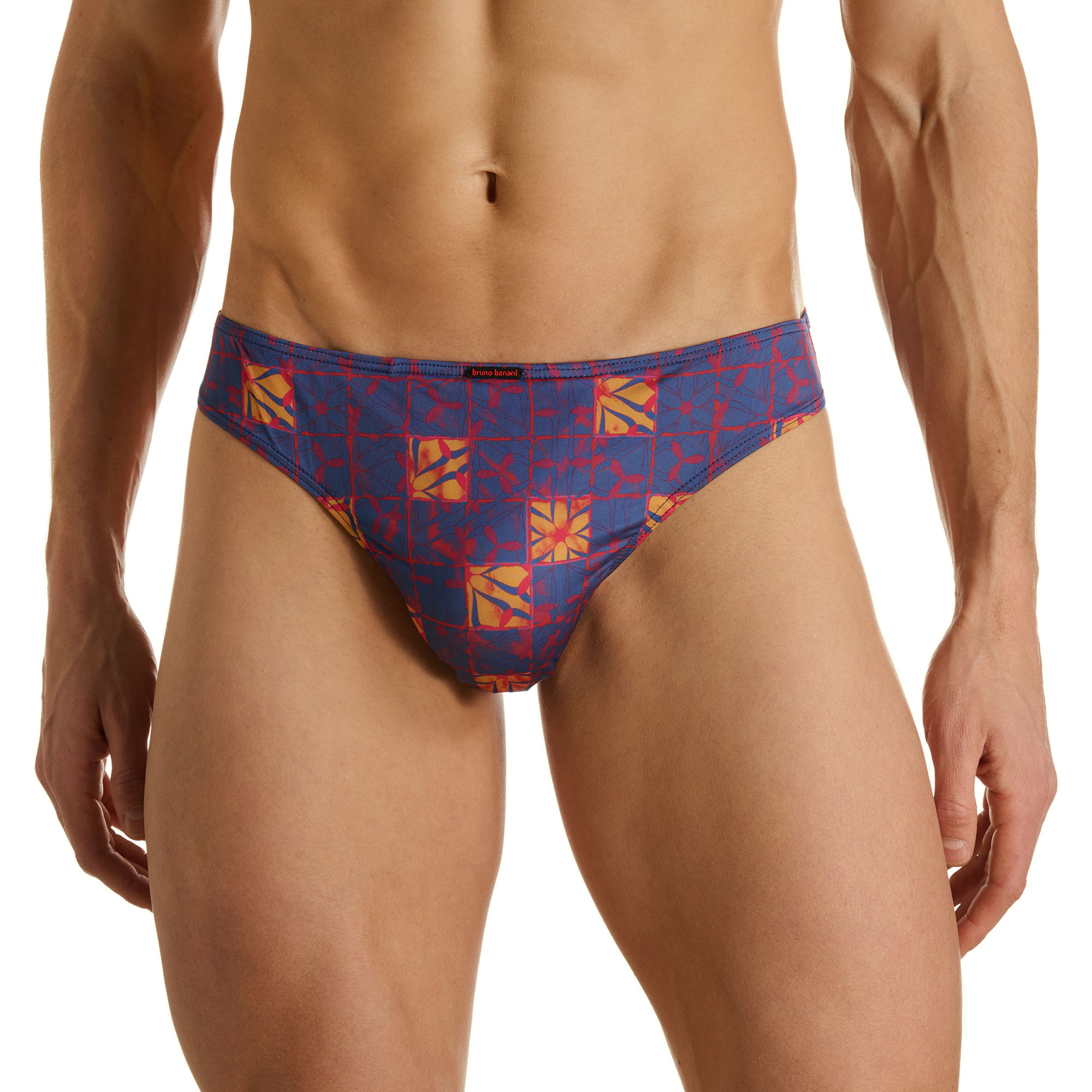 Badehose, Herrenbadewäsche, Bedrucktes Muster, Blau mit orangefarbenen Motiven, Tief sitzende Passform