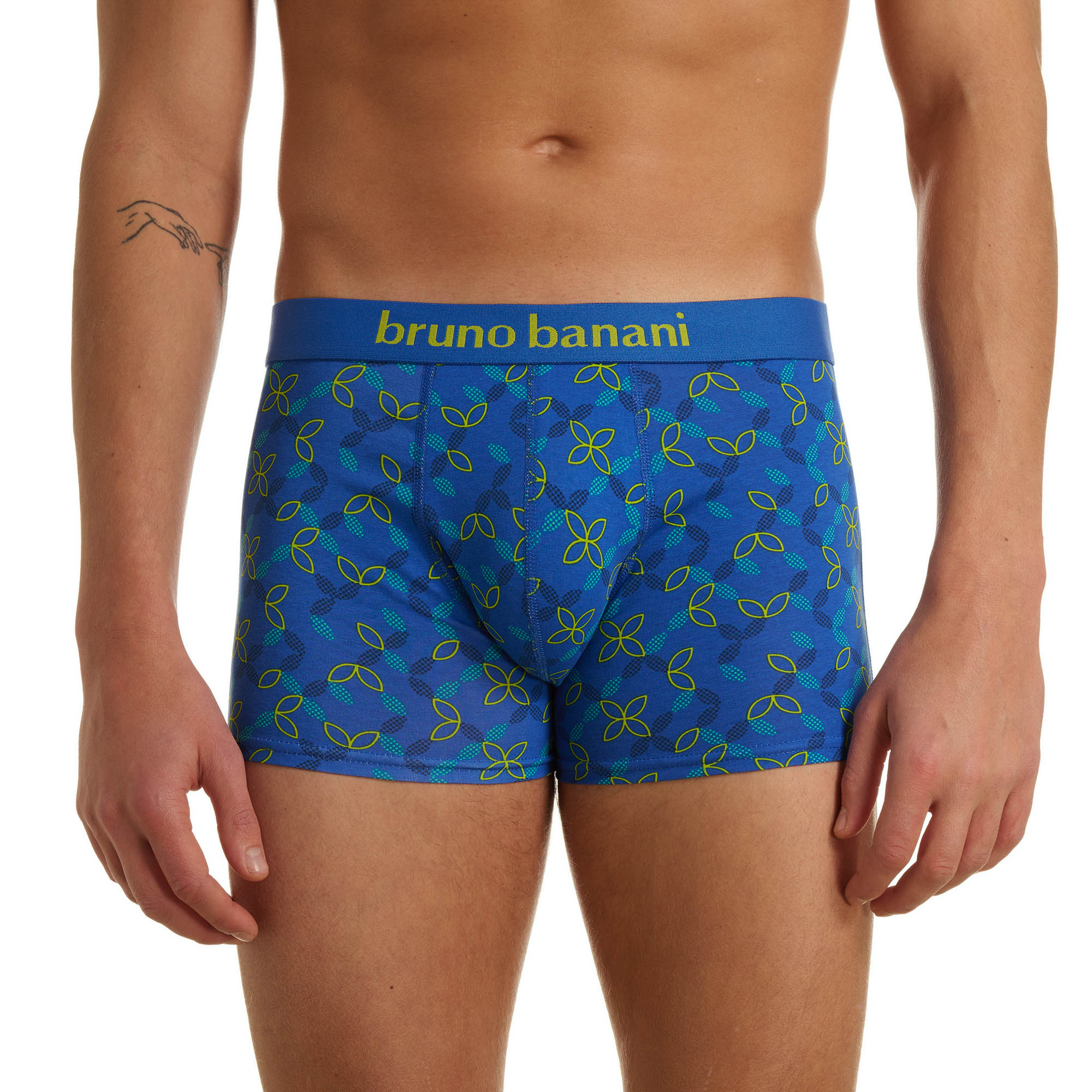 Boxershorts, blauer Bund, gemustert, Blattmuster, Herrenunterwäsche