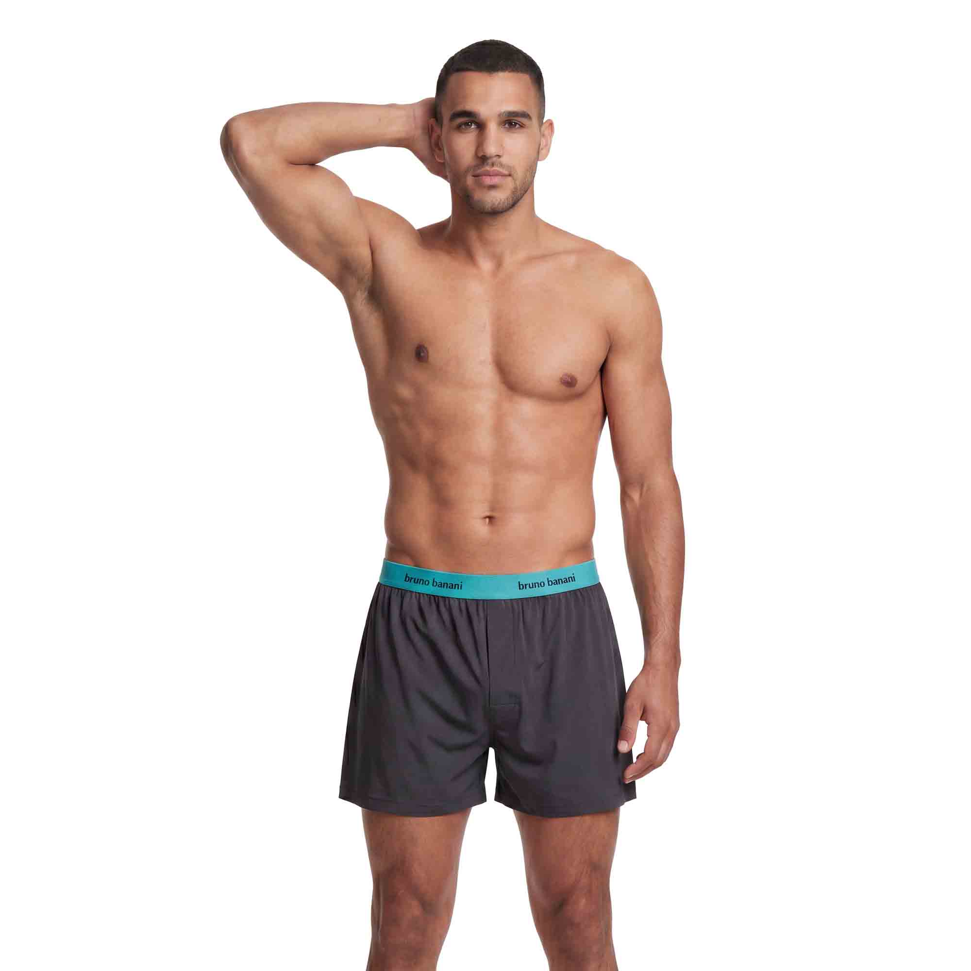 Herren-Boxershorts, Webstoff, Dunkelgrau, Türkiser Bund