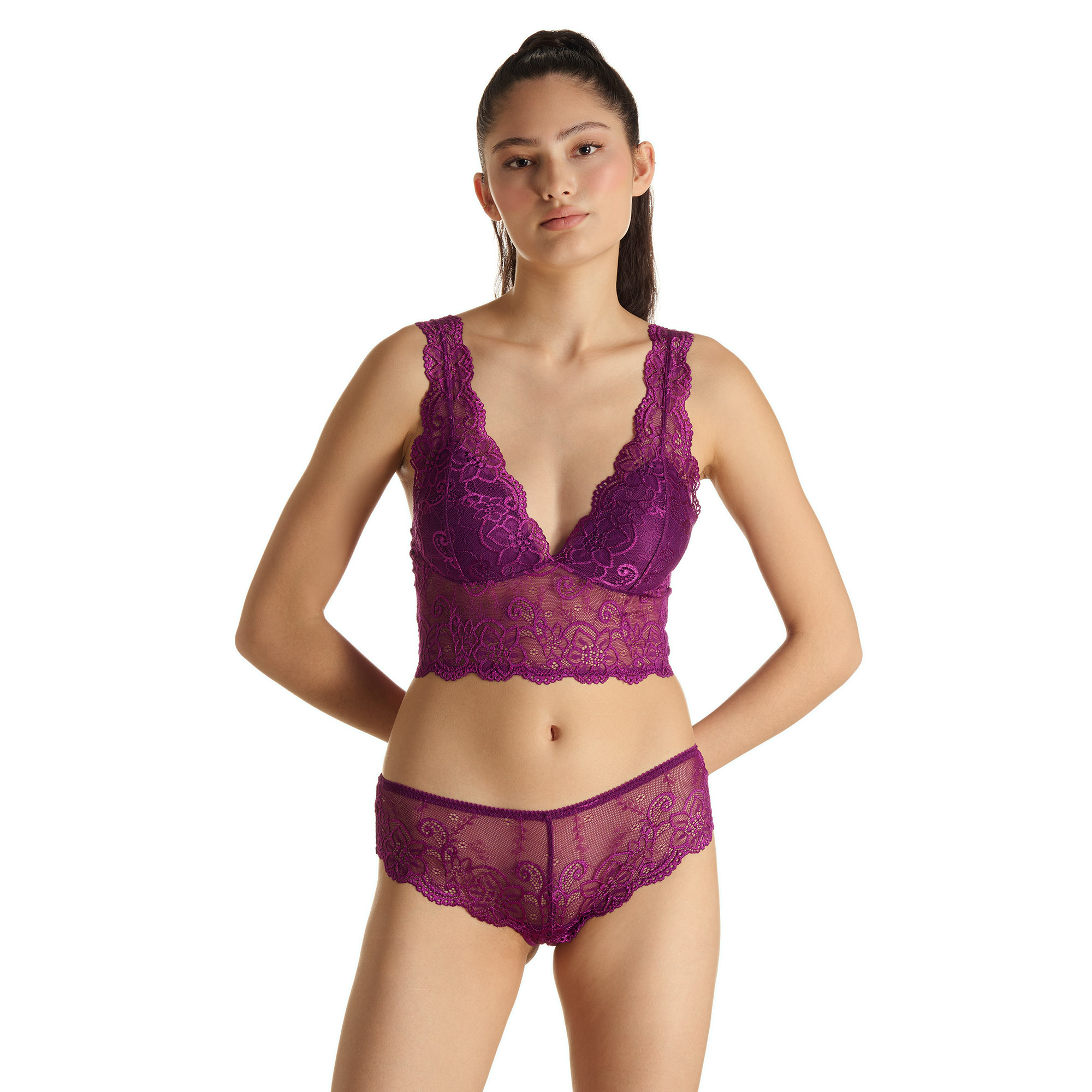Spitzen-BH, Lingerie lila, Spitzen-Bralette, Transparente Spitze, Hüftumfang-Lace