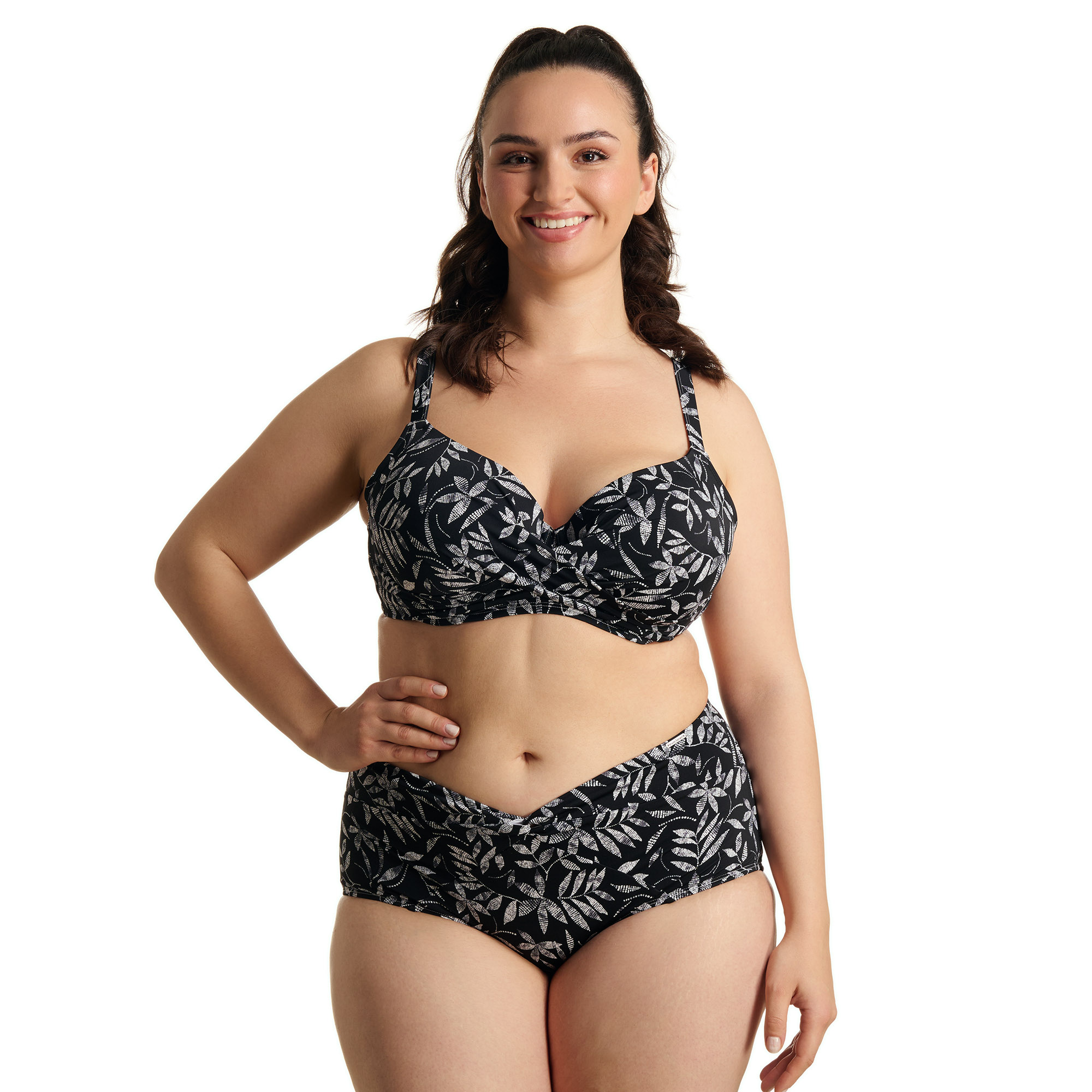 Bikini, Schwarz, Blättermuster, Bikini-Set, Plus-Size