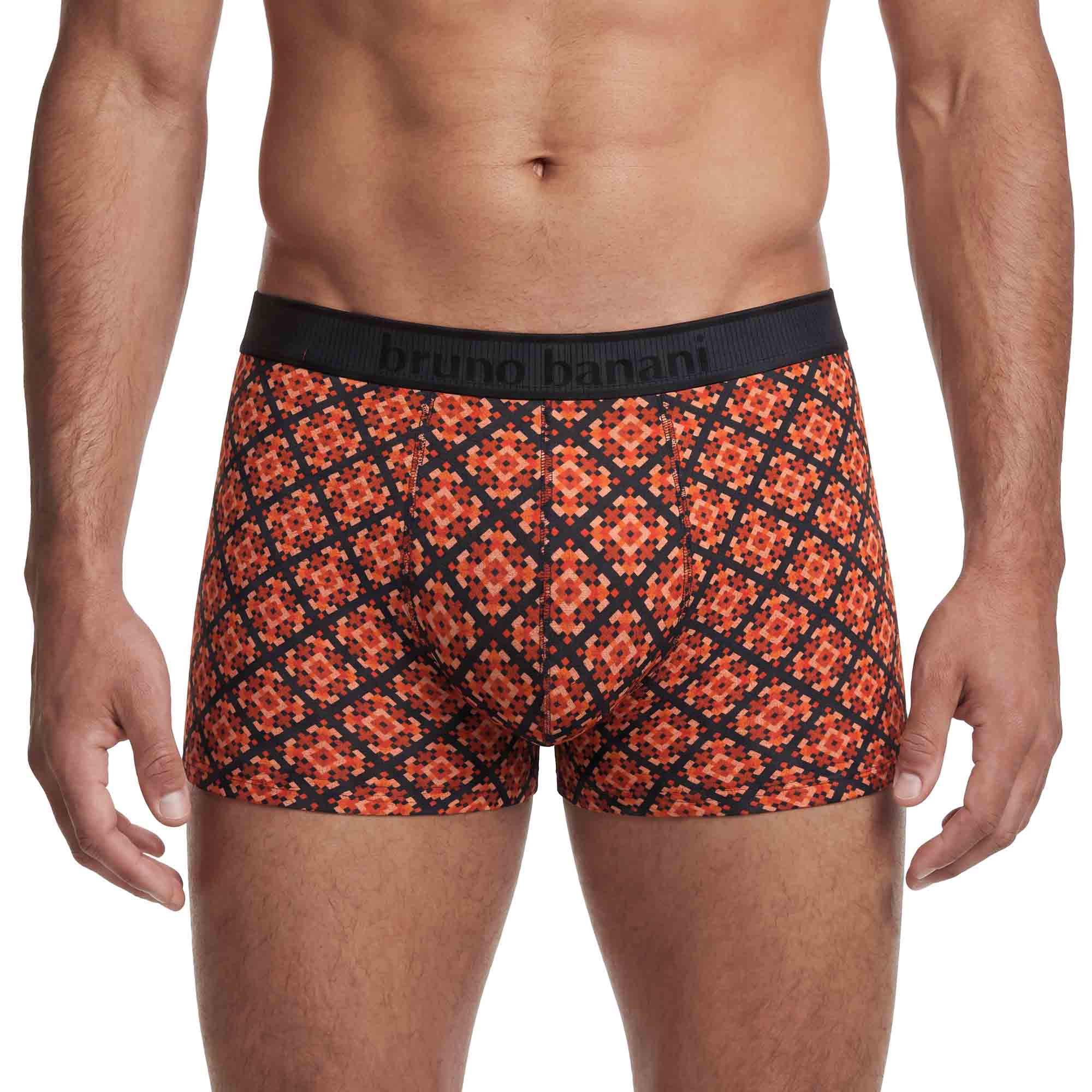 Herren-Boxershorts, Geometrisches Muster, Orange-schwarz, Elastischer Bund, Bruno Banani