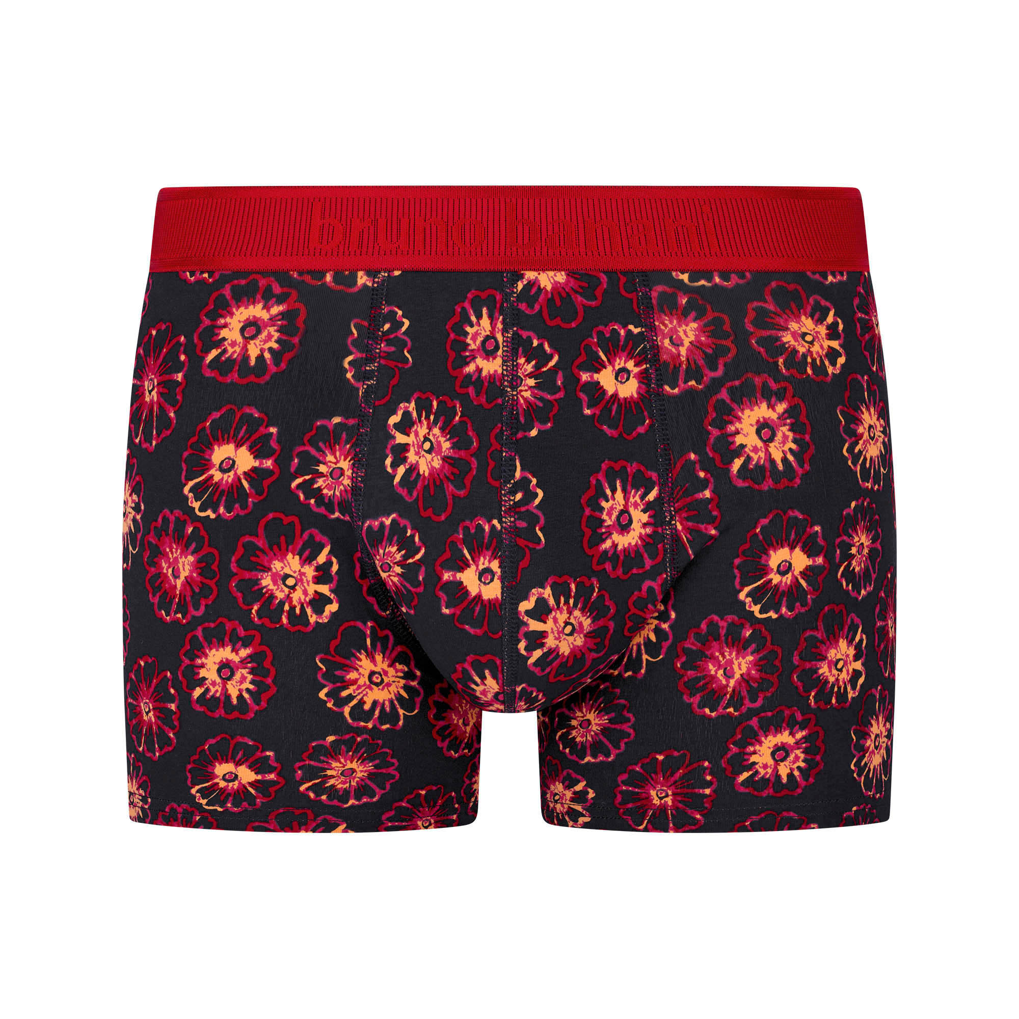 Herren-Boxershorts, Blumenmuster, Schwarz, Roter Bund, Stretchstoff