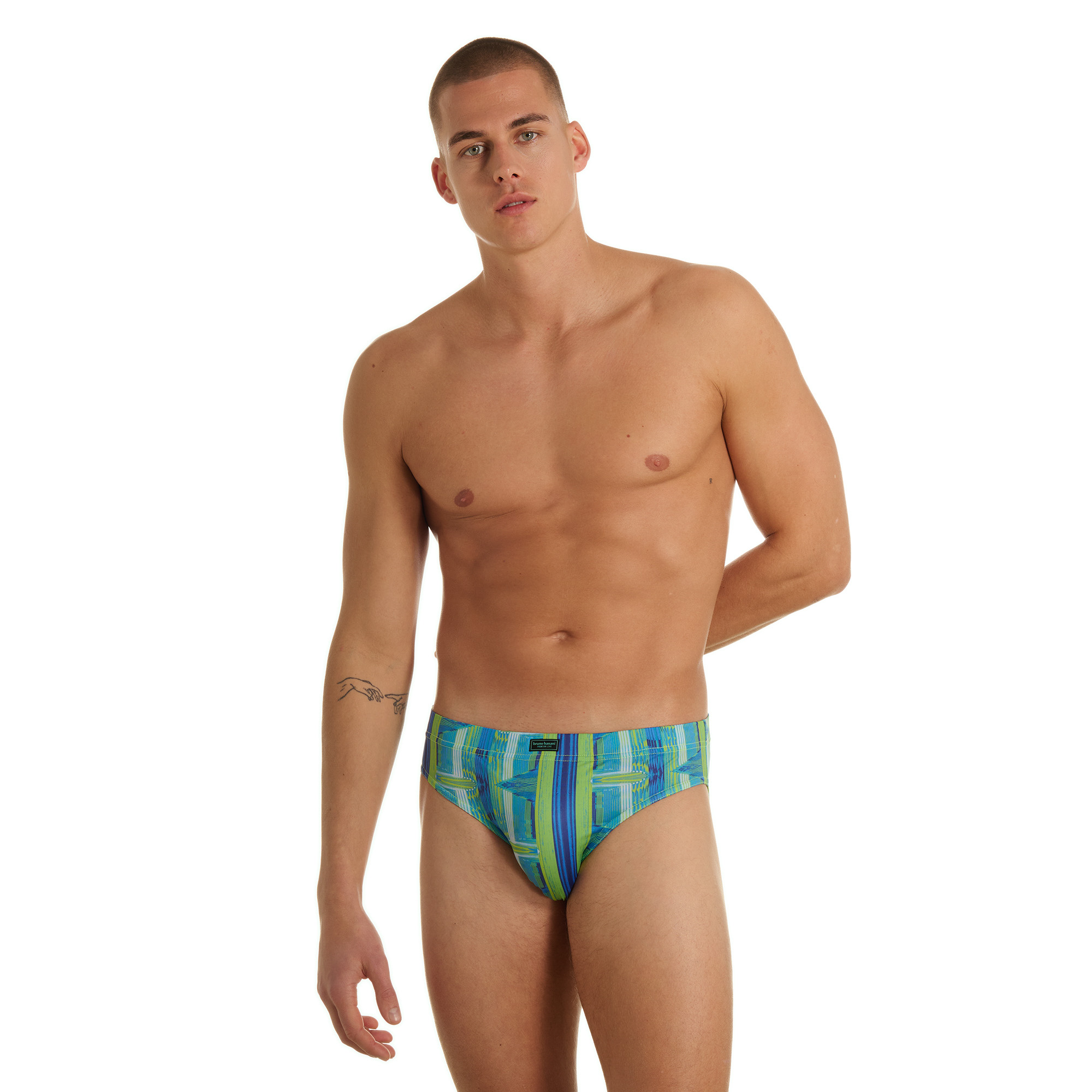 Bikini-Shorts, Männerbadehose, Geometrischer Muster, Blautöne, Seitlicher Stilband