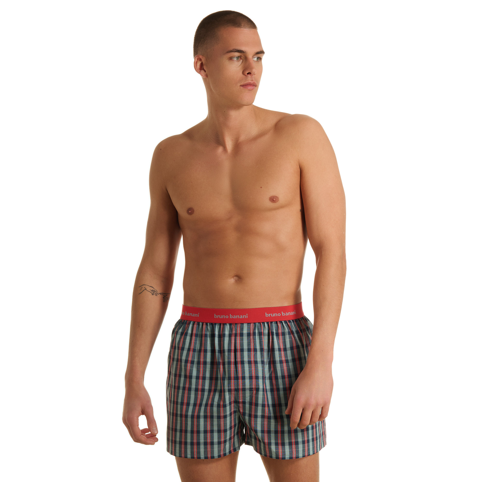 Boxershorts, kariertes Muster, Baumwollmischung, roter Bund, Herrenunterwäsche