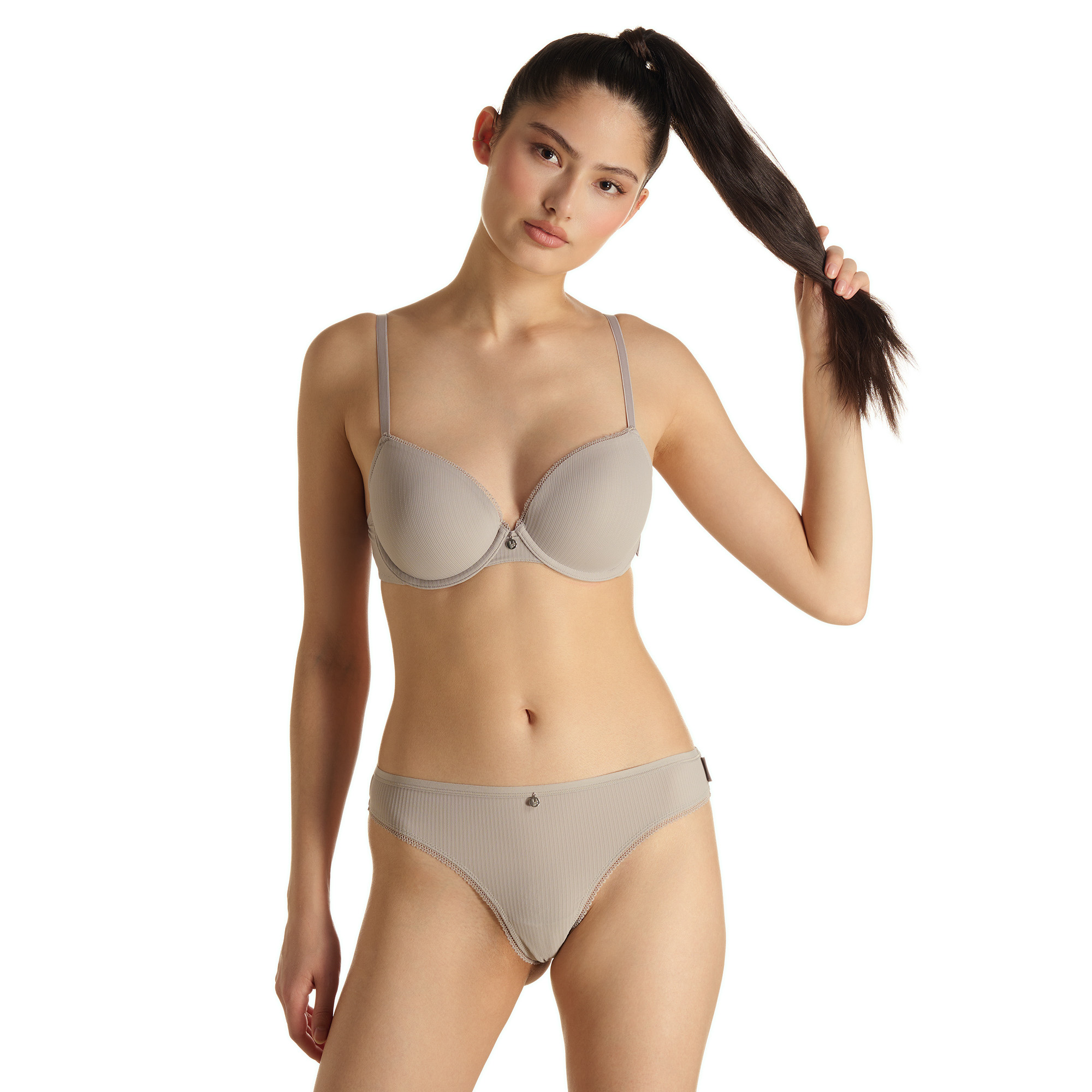 BH, Bikini-Unterwäsche, Beige, Rippstruktur, Push-Up?