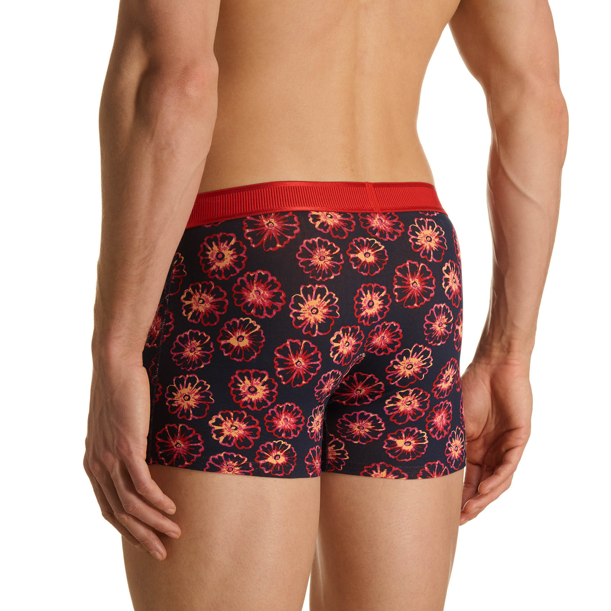 Herren-Boxershorts, Blumenmuster, Schwarz, Roter Bund, Elastischer Stoff