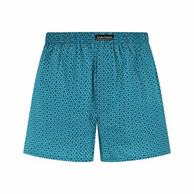 trunks, boardshorts, teal, geometric-pattern, elastic-waistband